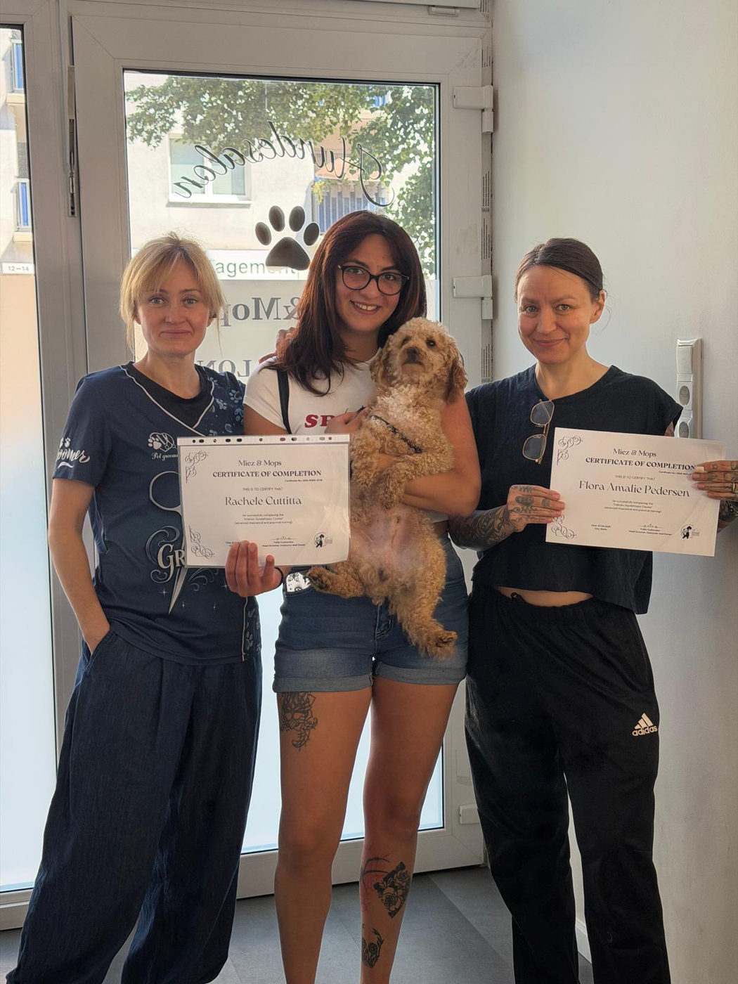 Trainerin mit zwei Absolventinnen, ihren Zertifikaten und einem Hund im Salon